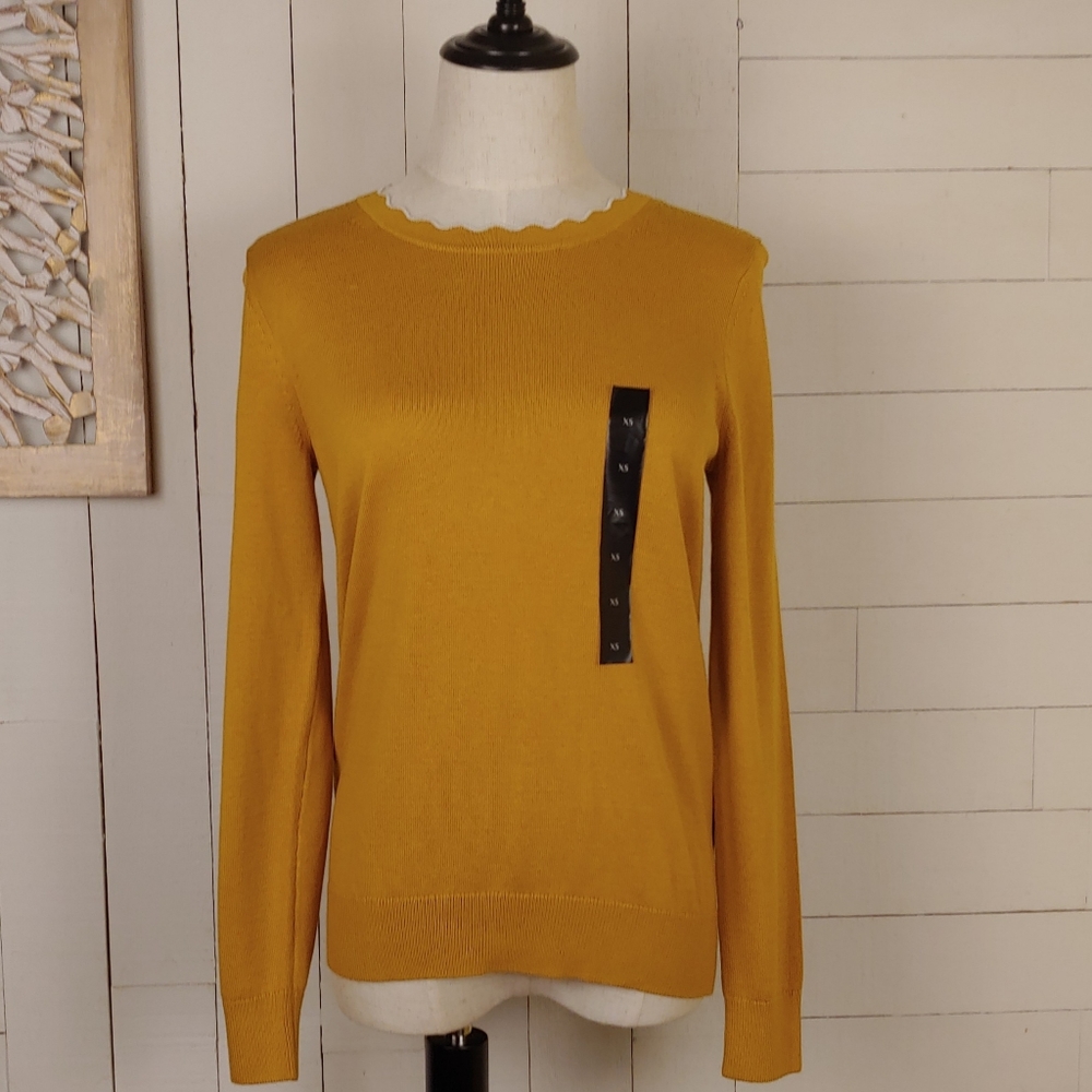 Banana Republic Mustard Yellow Washable Forever Scalloped Neck Sweater Size XS